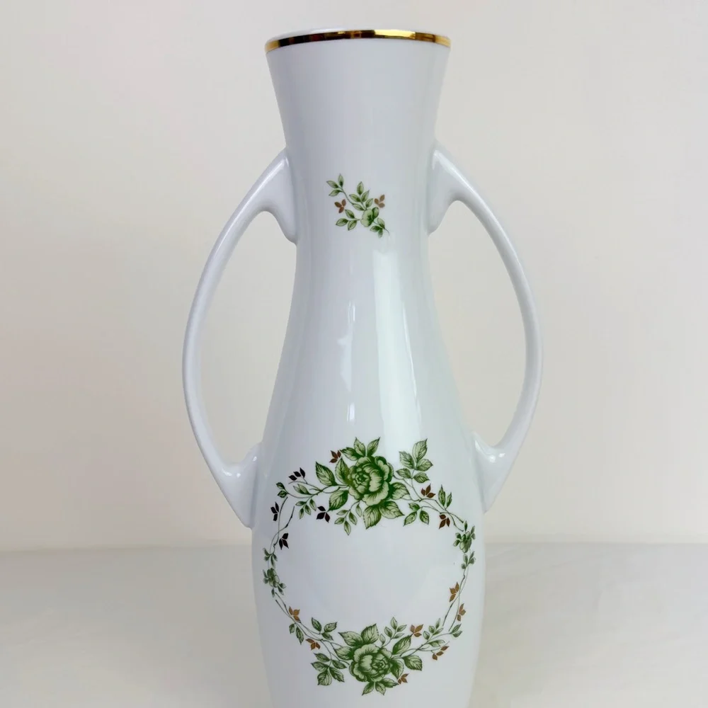 Hollohaza Hungary Erika Green Floral Handled Porcelain Vase